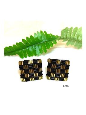 Clip-on Square Earrings Metallic Black Gold Check